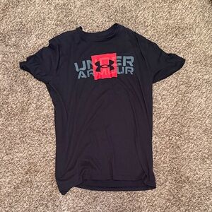 Under Armour XL Black Tee with Red Logo and Gray Text